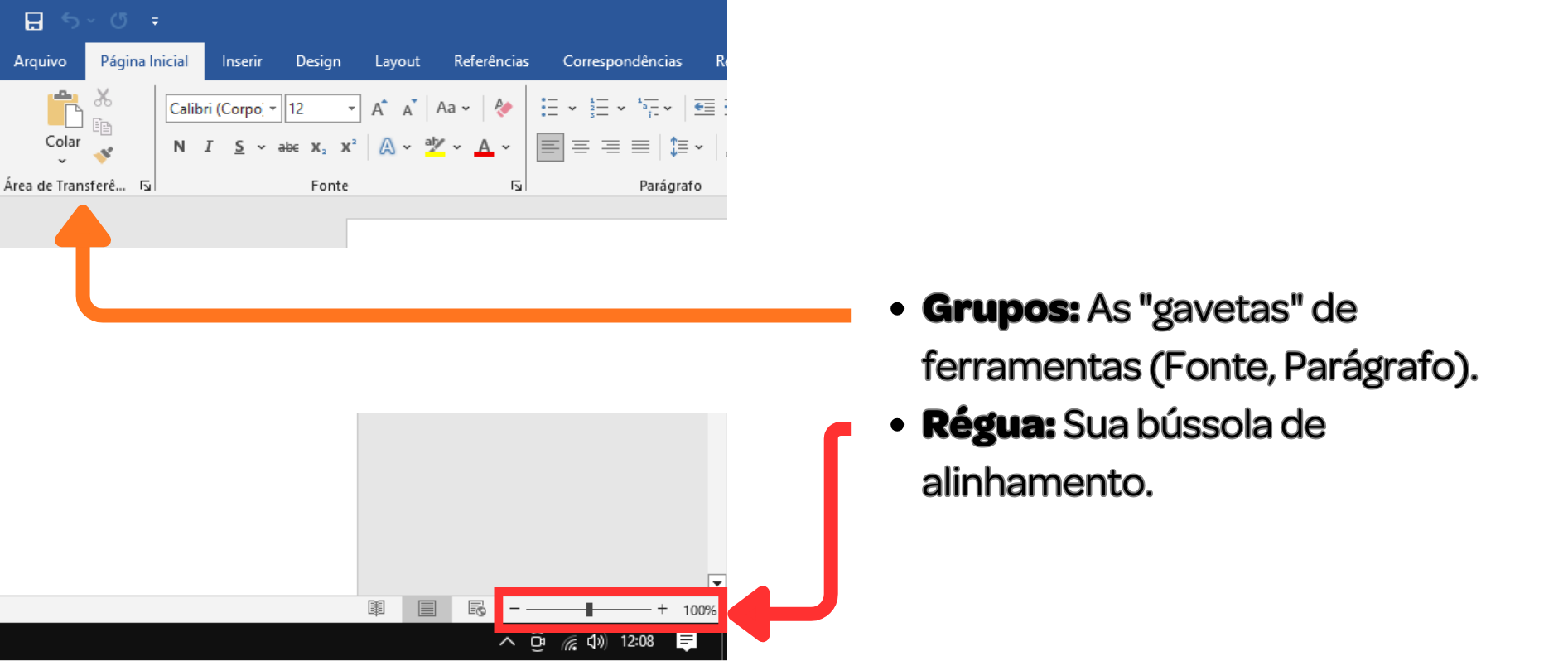 Detalhe dos grupos de ferramentas e controles inferiores na tela do Microsoft Word.