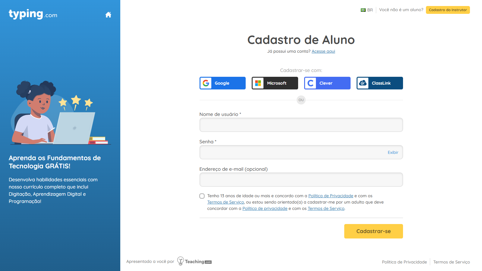Captura de tela da página de cadastro do Typing.com.