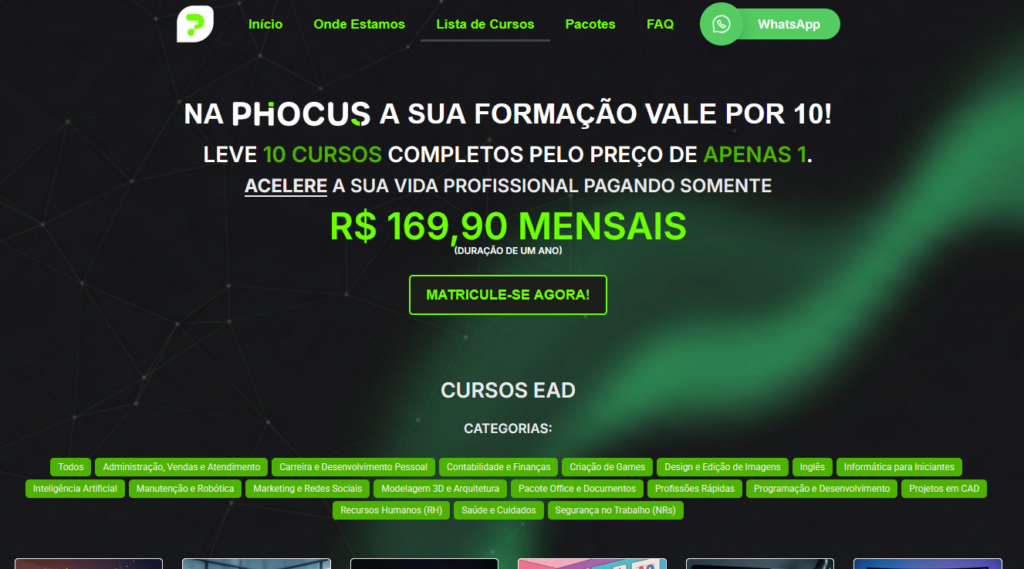 Tela da lista de cursos da Phocus Cursos