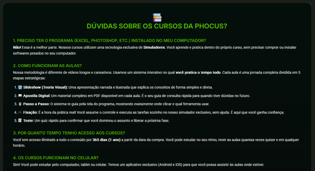 FAQ e suporte no site Phocus Cursos