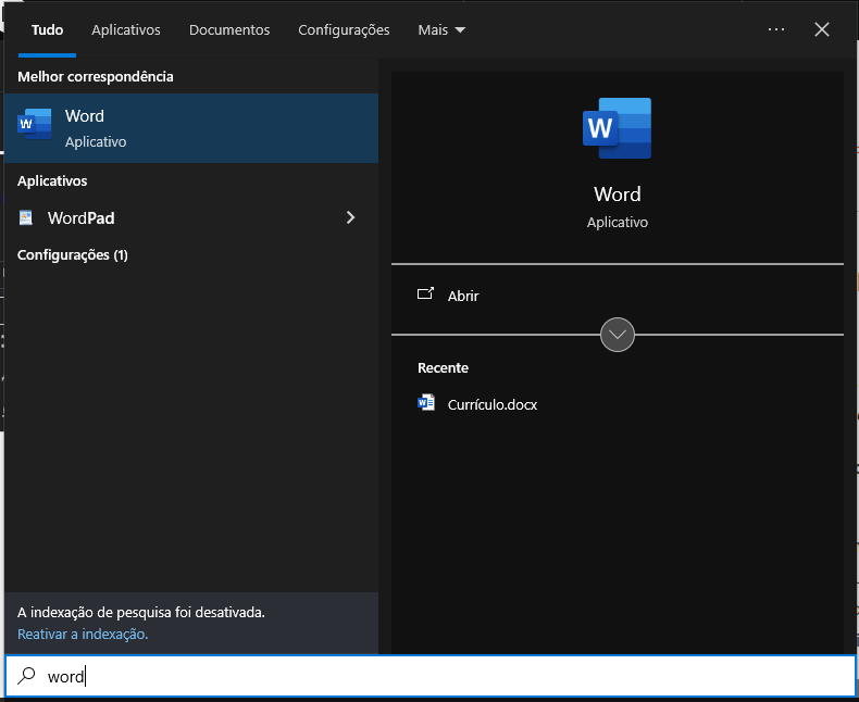 Interface de busca do Windows destacando o ícone do Word após o usuário digitar o nome do programa na barra de tarefas.