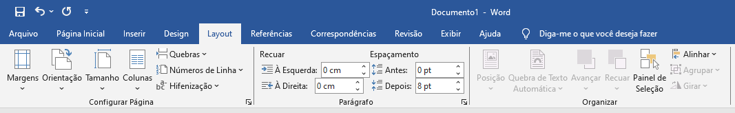 Interface da Guia Layout na Faixa de Opções do Microsoft Word, destacando grupos de Configurar Página, Parágrafo e Organizar.