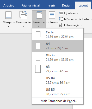 Menu suspenso da ferramenta "Tamanho" na guia Layout do Microsoft Word, exibindo as dimensões de diferentes papéis.
