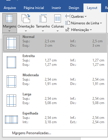 Menu suspenso da ferramenta "Margens" na guia Layout do Microsoft Word, exibindo predefinições e a opção de personalização.