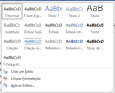 Painel de galeria do grupo "Estilo" na guia Página Inicial do Microsoft Word, exibindo diversas opções de formatação pré-definidas.