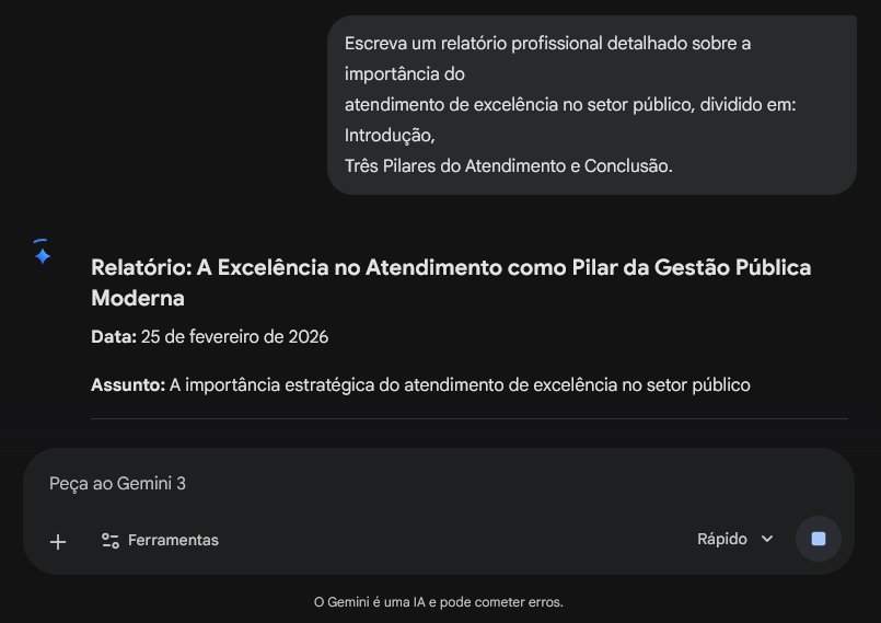 Interface de chat do Gemini exibindo o prompt para a criação de um relatório sobre atendimento no setor público.