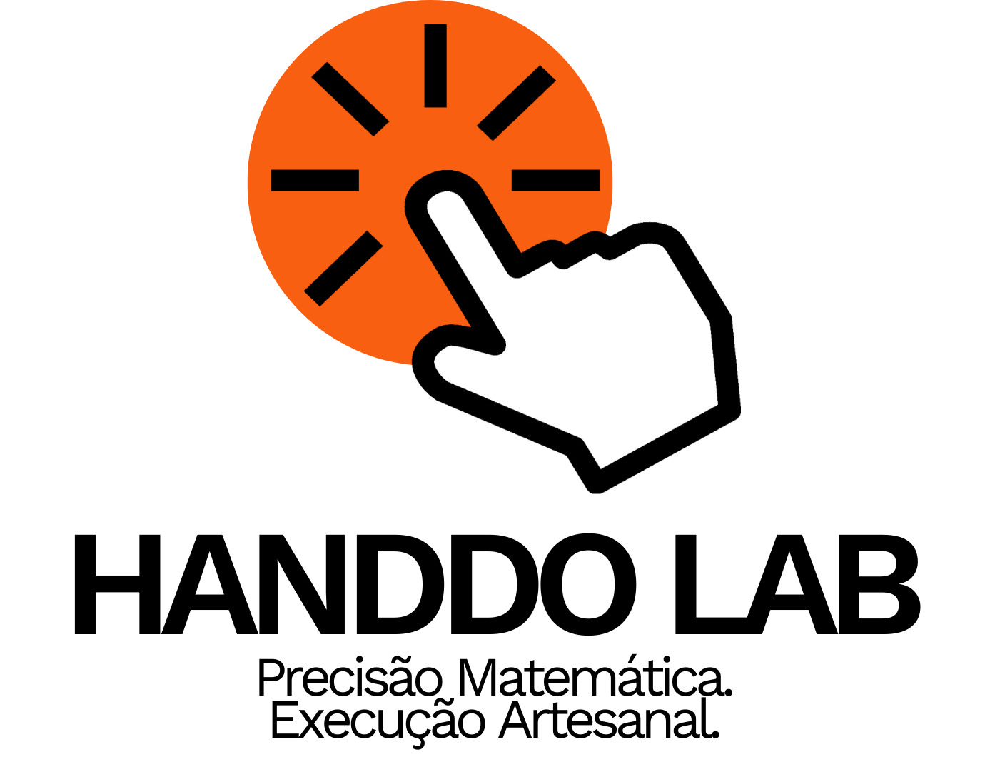 Logotipo completo do Handdo Lab, composto pelo ícone de interação manual e o nome da marca com o slogan "Precisão Matemática. Execução Artesanal."