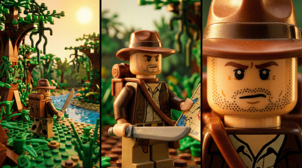 Três fotos de um boneco aventureiro LEGO mostrando a diferença entre Plano Aberto, Plano Médio e Close-up.