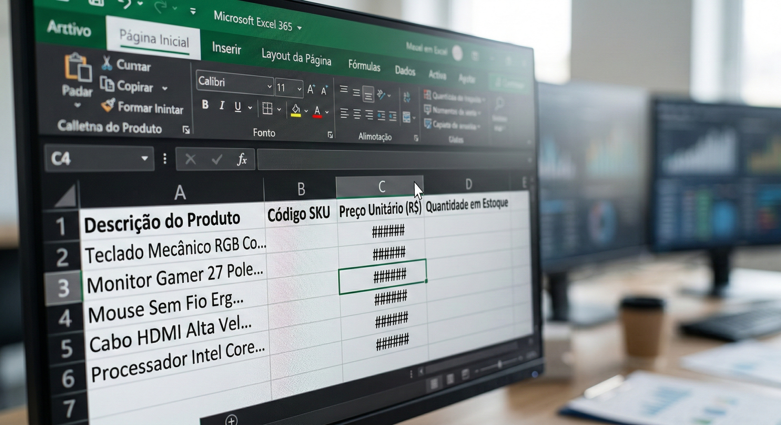 Captura de tela de uma planilha Excel mal formatada com erro de hashtags ##### e texto cortado devido a colunas estreitas.