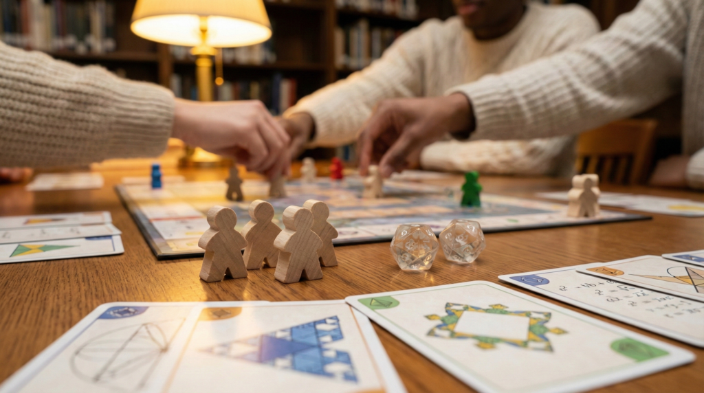 Close-up de um jogo de tabuleiro moderno em progresso, focando em peças de madeira e cartas com padrões matemáticos, com mãos de alunos ao fundo.