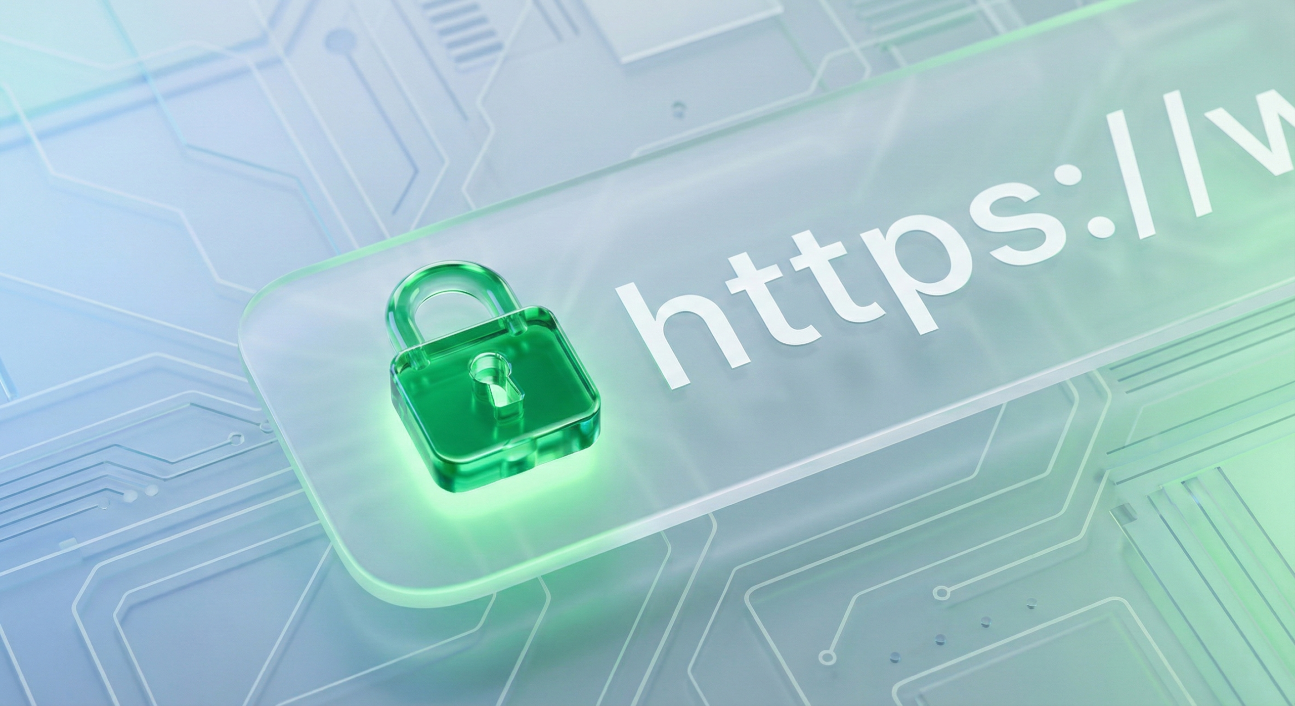 Close-up ultra-detalhado de uma barra de endereços web moderna. Um cadeado verde esmeralda com efeito de vidro (glassmorphism) está em destaque antes do texto "https://", sobre um fundo tecnológico de circuitos.