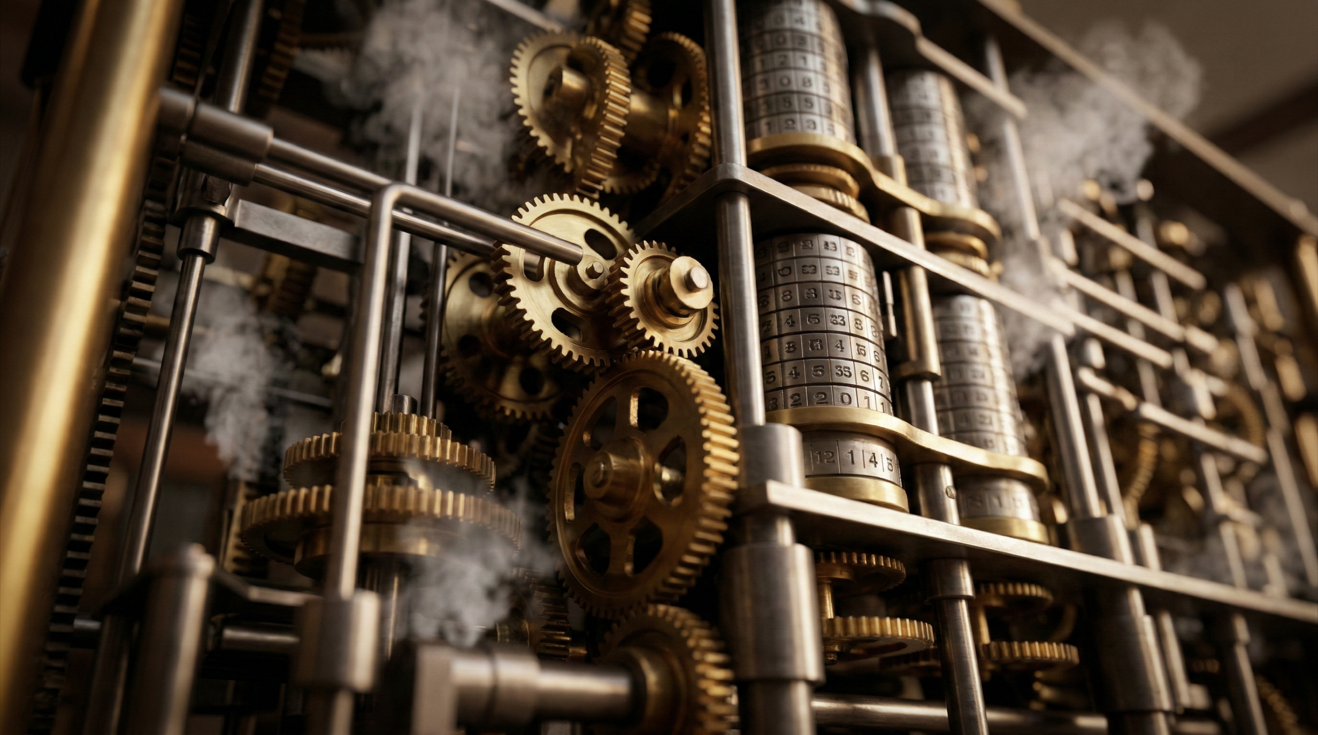 Detalhe macro de engrenagens de latão polido, eixos de aço e rodas com números gravados, com pequenas nuvens de vapor saindo do mecanismo.