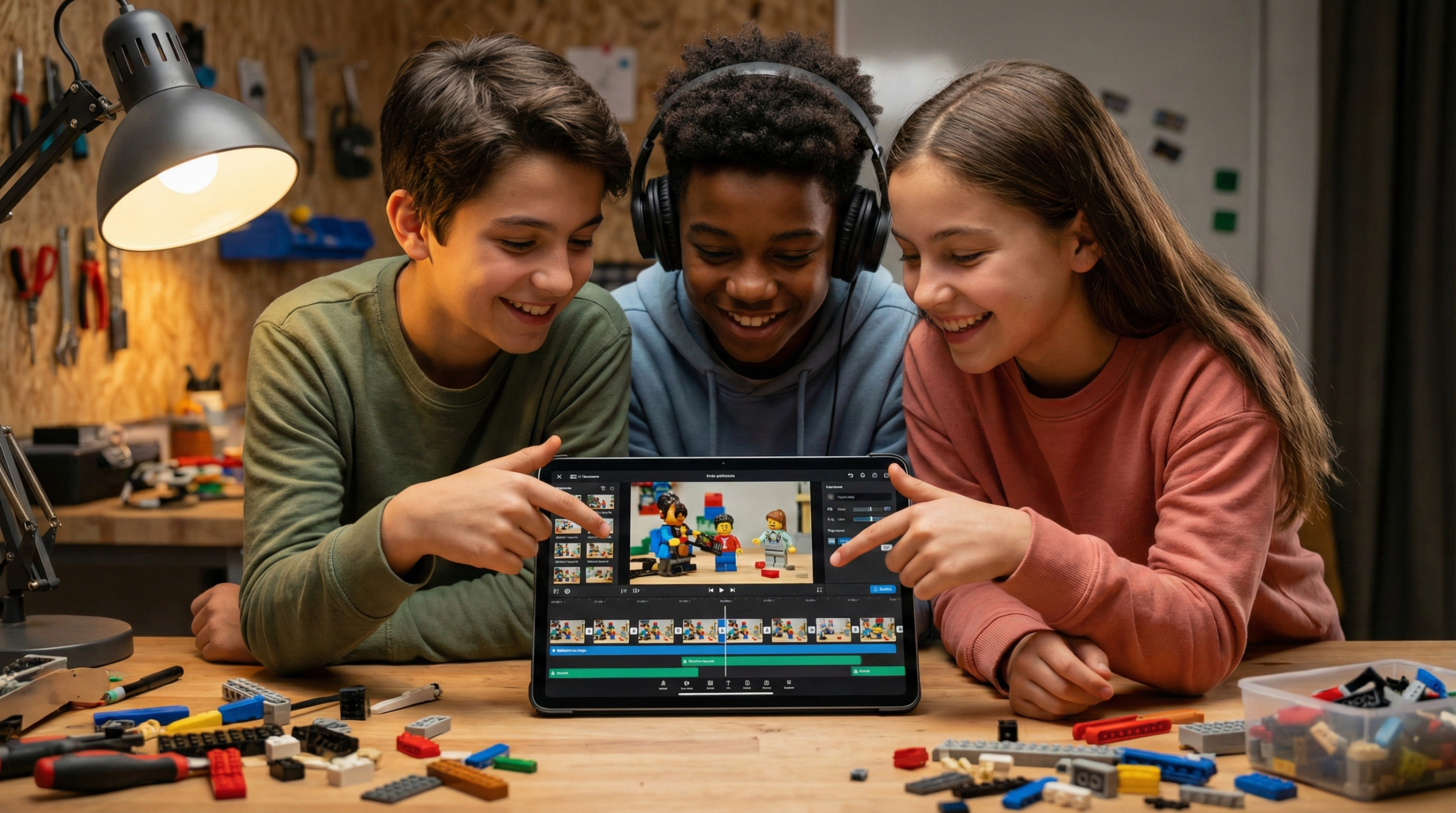 Três jovens sorrindo e colaborando enquanto editam um vídeo em um tablet com peças de LEGO ao redor.