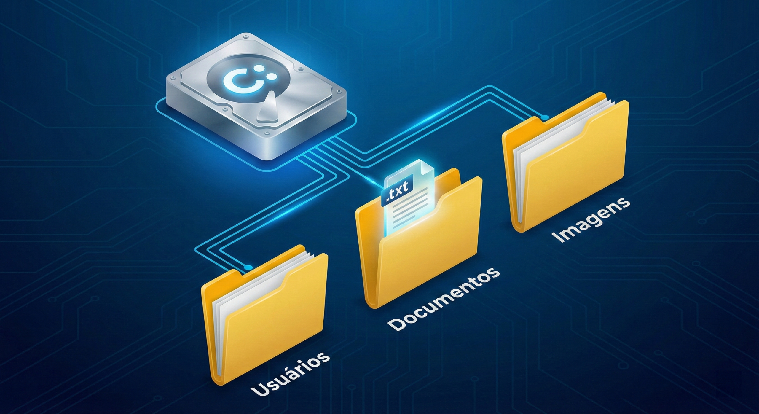 Ilustração 3D isométrica de uma árvore de arquivos. No topo, um disco rígido prateado (C:). Linhas conectam o disco a pastas amarelas rotuladas como 'Usuários', 'Documentos' e 'Imagens'. Dentro de 'Documentos', há um ícone de arquivo .txt.