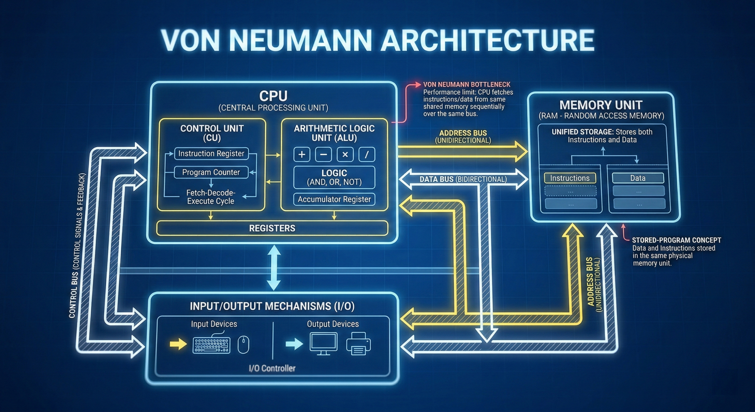 Diagrama técnico em estilo blueprint com caixas brilhantes rotuladas como CPU, Memória e I/O, conectadas por linhas de dados estruturadas.