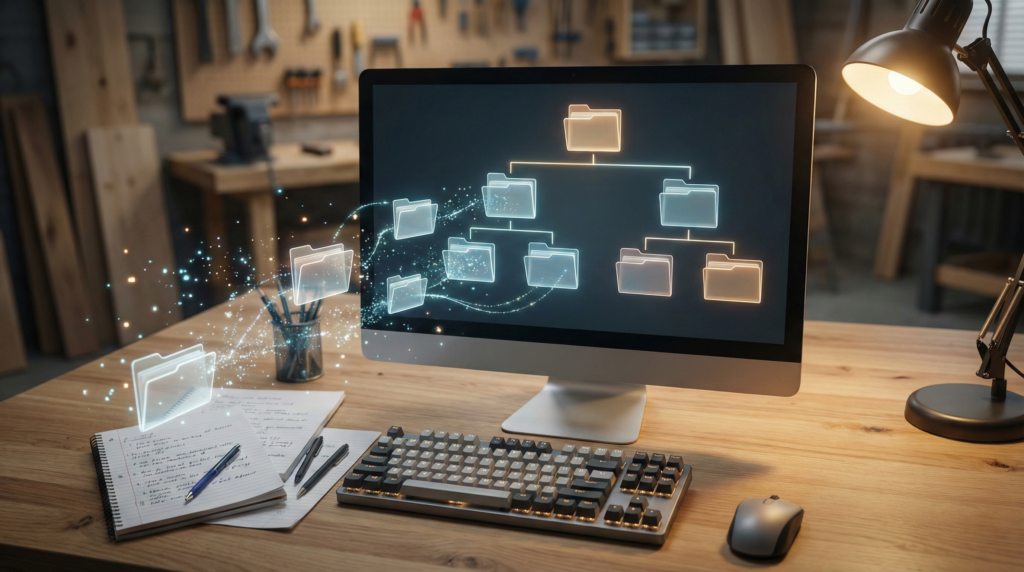 Monitor exibindo uma hierarquia de pastas digitais translúcidas conectadas a um caderno físico na mesa.