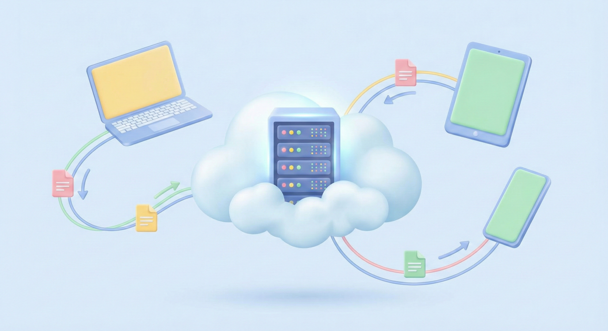 Ilustração em estilo vetorial 3D suave mostrando um servidor central dentro de uma nuvem digital estilizada. Ao redor, um notebook, um tablet e um smartphone estão conectados por linhas de dados ao servidor.