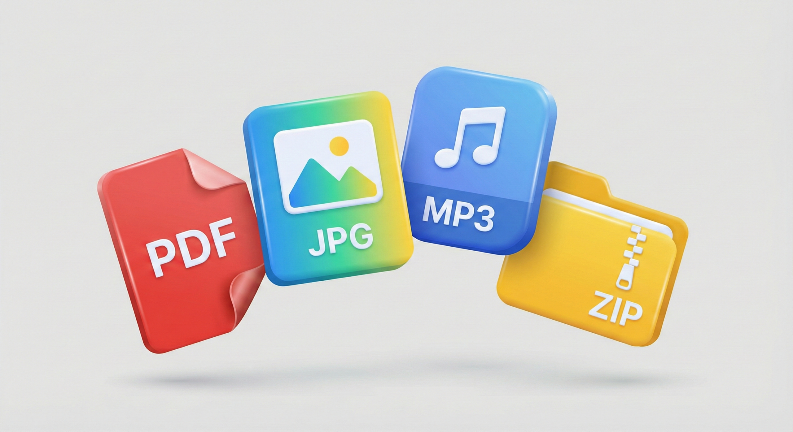 Conjunto de quatro ícones 3D modernos flutuando: um documento PDF vermelho, uma imagem JPG com desenho de montanha, um ícone de música MP3 azul e uma pasta amarela com zíper representando arquivos ZIP.