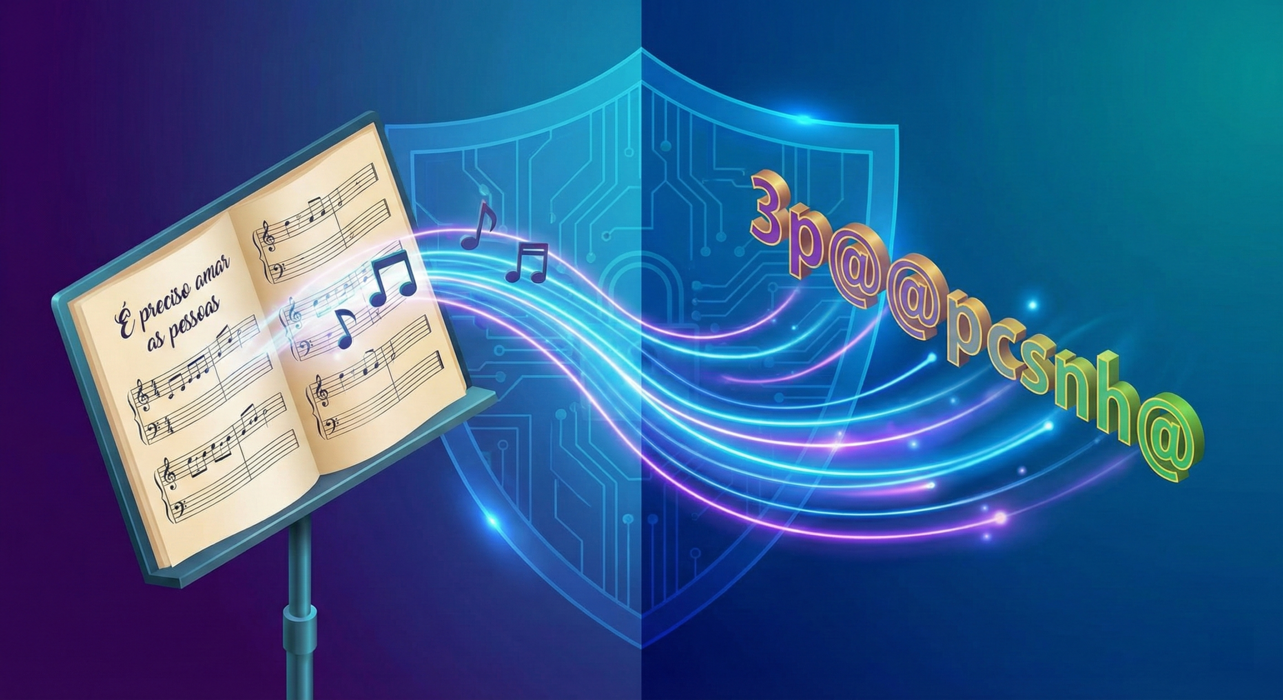 Ilustração isométrica dividida ao meio. À esquerda, um livro de partitura com a frase "É preciso amar as pessoas". À direita, as notas musicais se transformam nos caracteres da senha "3p@@pcsnh@". Ao fundo, um grande escudo digital azul de proteção.