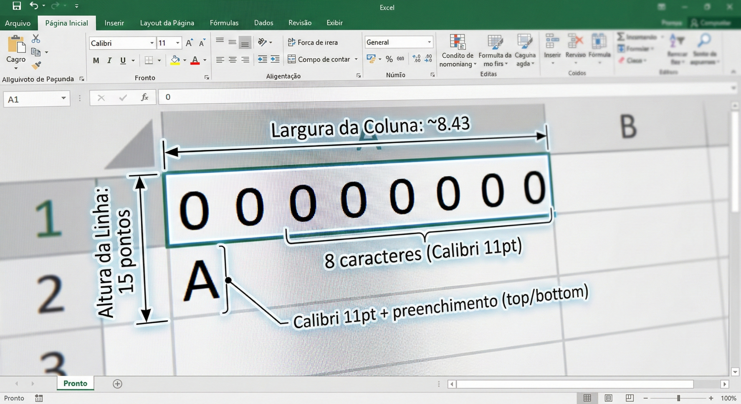 Detalhe técnico sobreposto em uma planilha Excel mostrando réguas virtuais: uma horizontal medindo 8.43 caracteres para largura e uma vertical medindo 15 pontos para altura da linha.