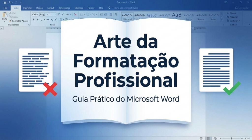Capa de um guia prático de Microsoft Word focado em formatação profissional, ilustrando a transformação de um documento desorganizado para um perfeitamente alinhado.