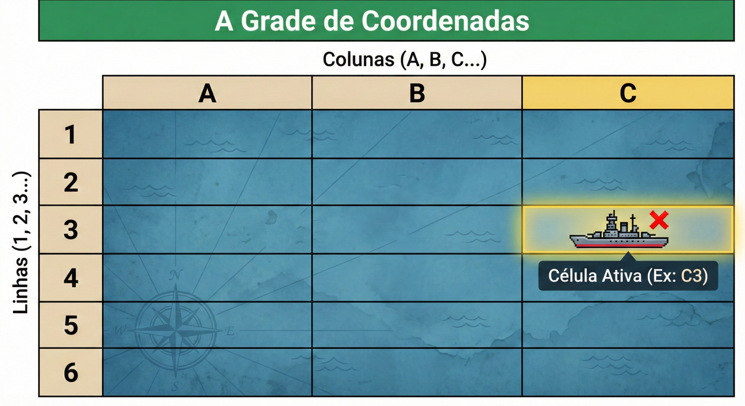 Representação visual estilizada de uma grade de planilha como um mapa tático de batalha naval. As colunas e linhas convergem para destacar a célula C5 com um alvo de mira laranja, ilustrando onde a informação é armazenada.
