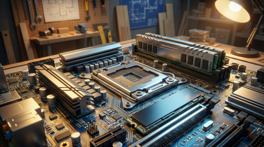 Close macro de placa-mãe iluminada destacando circuitos dourados, soquete do processador e módulos de memória.