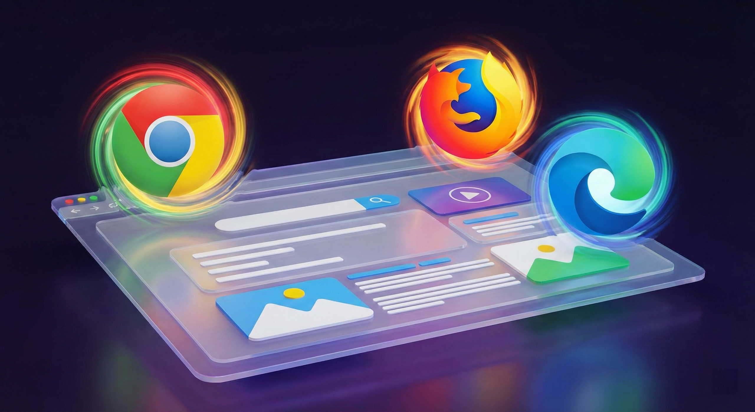 Composição artística com ícones 3D modernos dos navegadores Chrome, Firefox e Edge flutuando sobre uma representação translúcida de uma página web em carregamento.