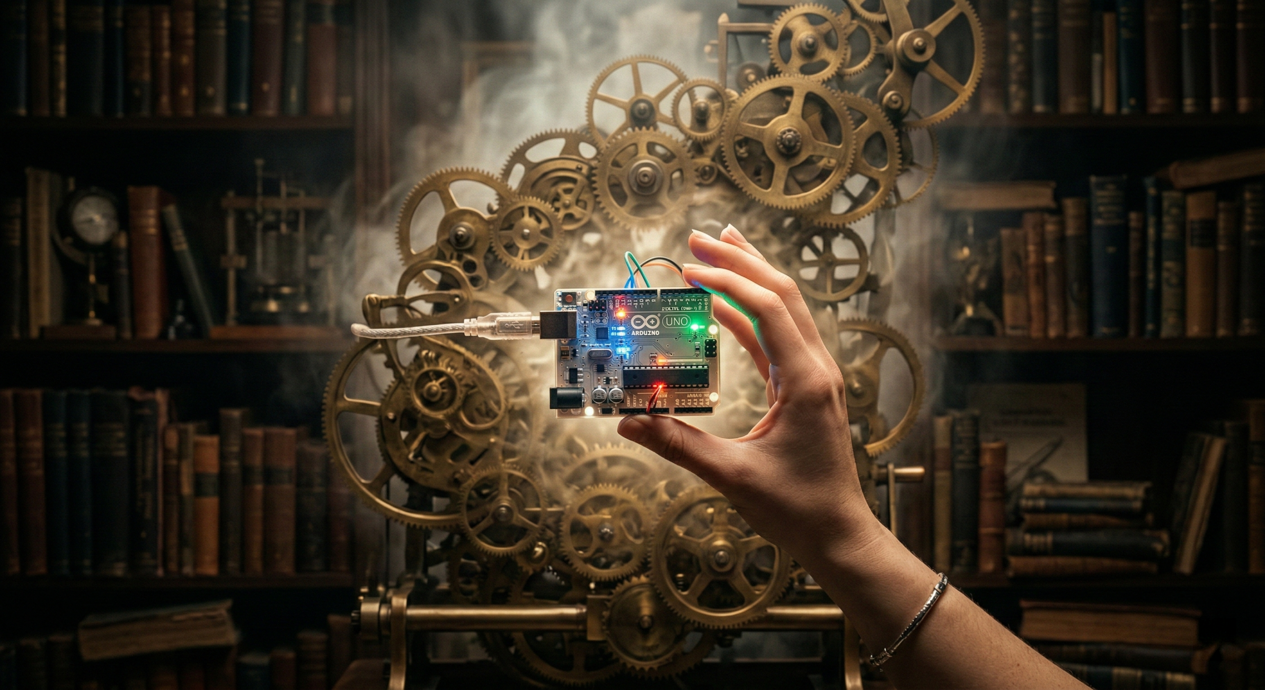 Close-up de uma mão segurando uma placa de circuito Arduino transparente e brilhante; ao fundo, engrenagens mecânicas de latão envoltas em névoa vitoriana.