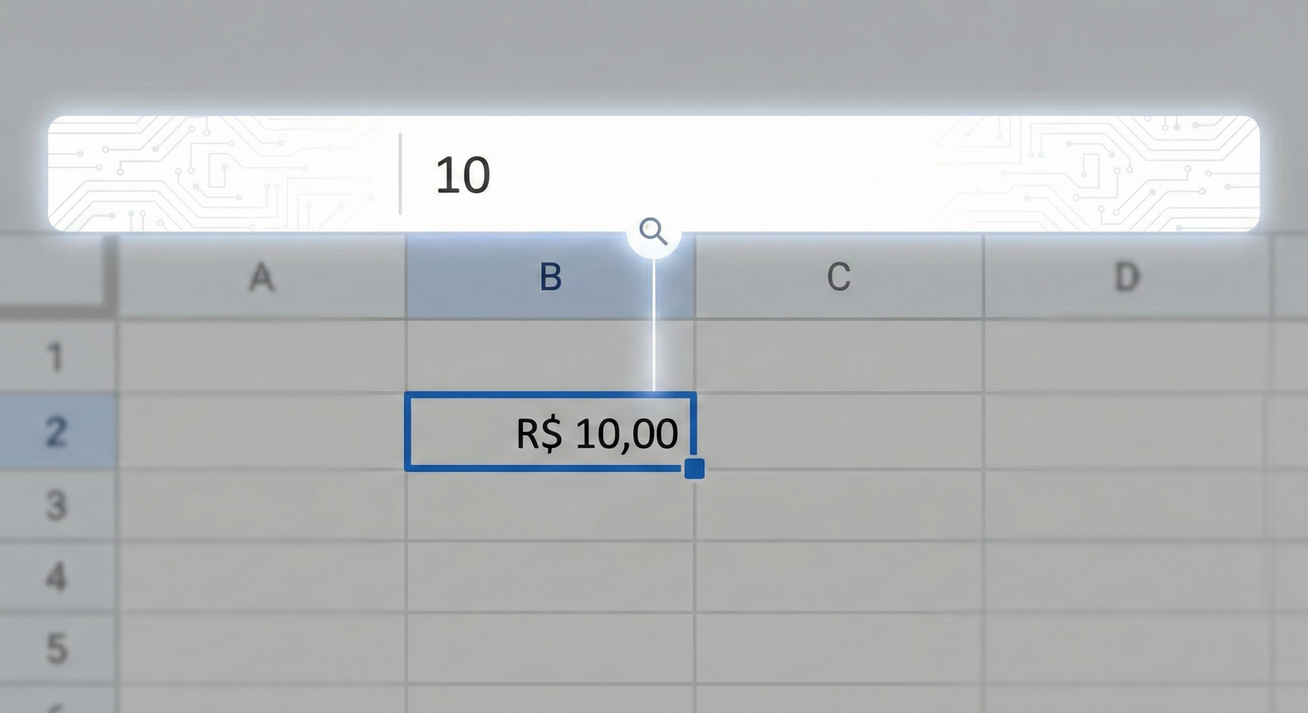 Captura de tela da interface destacando a Barra de Fórmulas. A célula B2 exibe 'R$ 10,00', mas a barra acima revela o dado real '10' que o programa processa.