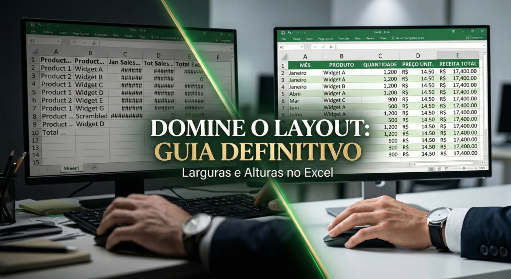 Uma imagem de capa profissional dividida diagonalmente: do lado esquerdo, uma planilha Excel bagunçada e ilegível; do lado direito, uma planilha perfeitamente organizada e limpa, com o título "DOMINE O LAYOUT: GUIA DEFINITIVO".