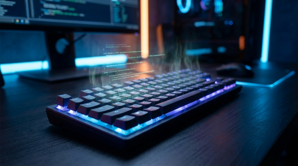Close-up de um teclado mecânico iluminado com uma aura neon e linhas de código digitais subindo como fumaça, representando velocidade e automação.