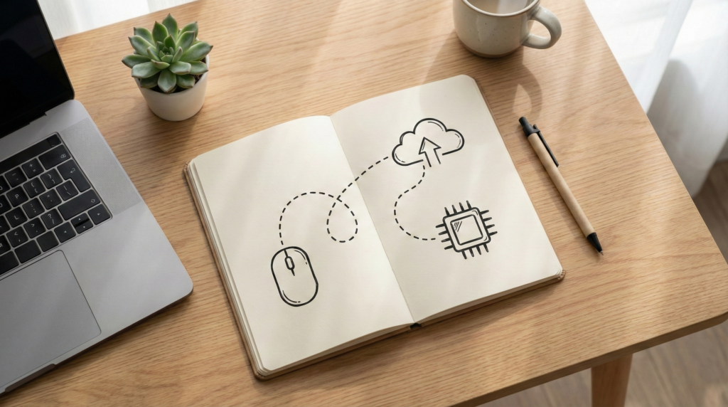 Visão aérea de uma mesa organizada com um caderno aberto contendo desenhos manuais de ícones tecnológicos como mouse, nuvem e processador.