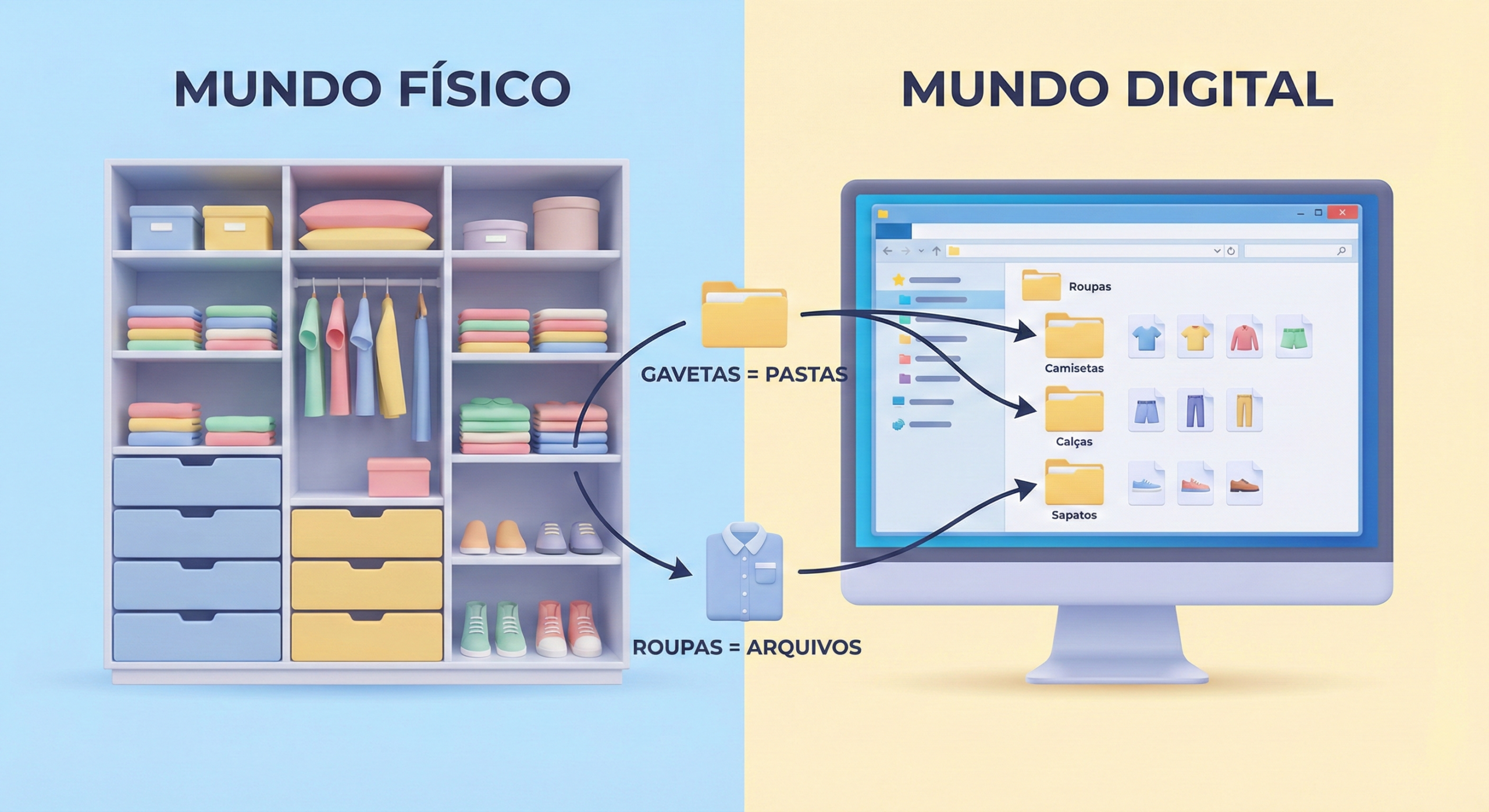 Imagem comparativa dividida ao meio. À esquerda, um guarda-roupa real com gavetas organizadas (Mundo Físico). À direita, um monitor exibindo pastas digitais (Mundo Digital). Setas indicam que gavetas equivalem a pastas e roupas equivalem a arquivos.