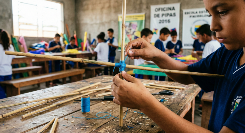 Mãos de aluno amarrando varetas de bambu com linha azul para fazer uma pipa em sala de aula do PIBID.