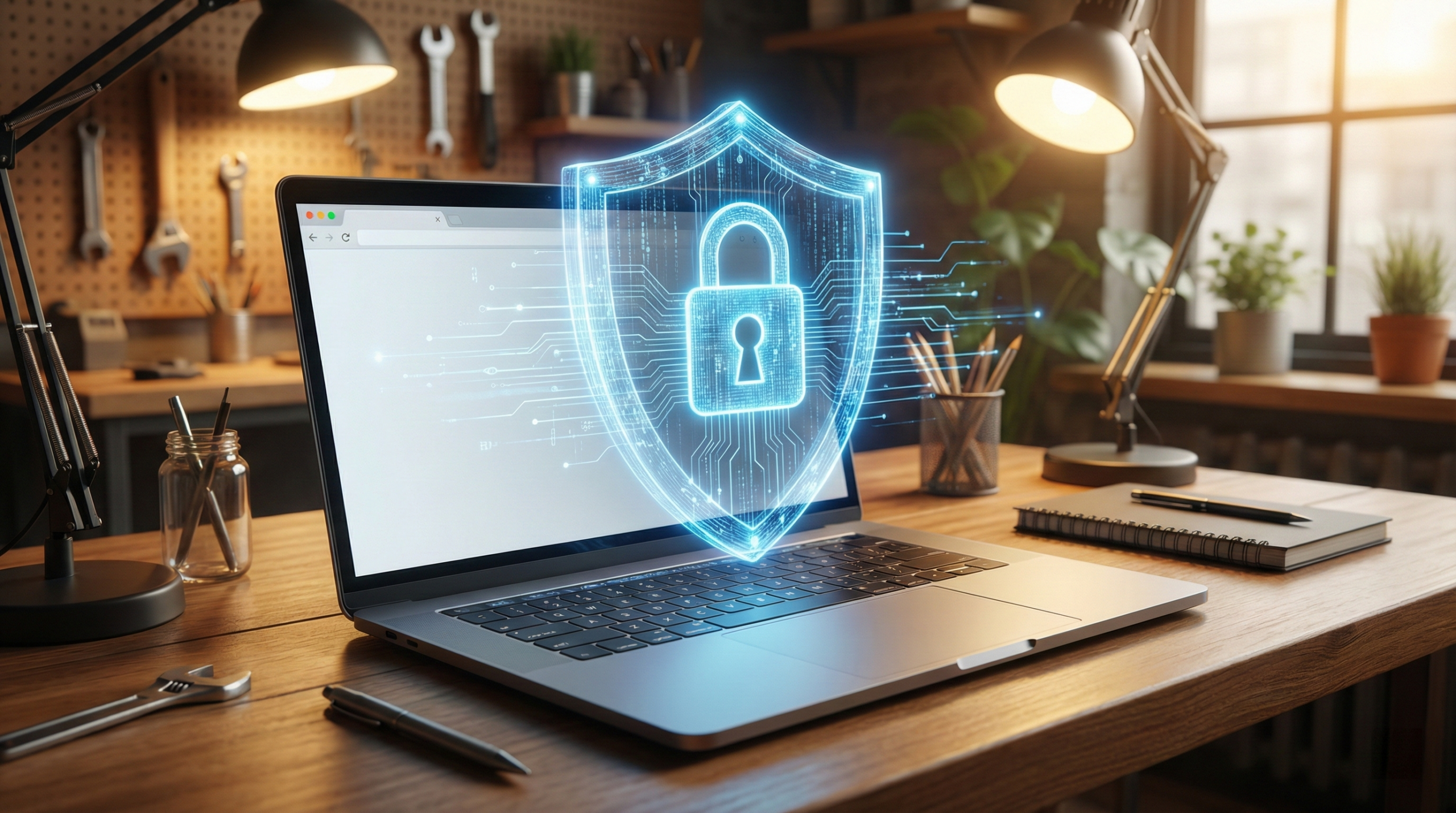 Escudo holográfico azul com cadeado protegendo um notebook com diversas abas de navegação abertas.