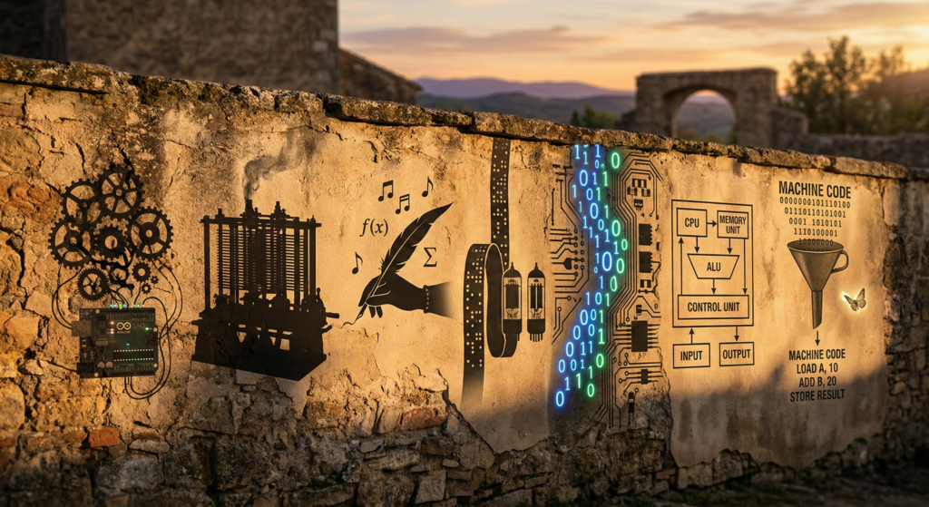 Fotografia conceitual de uma parede de pedra antiga ao pôr do sol, exibindo sete sombras que representam a evolução da computação, incluindo engrenagens, o motor de Babbage, Ada Lovelace, válvulas, circuitos neon e diagramas técnicos.