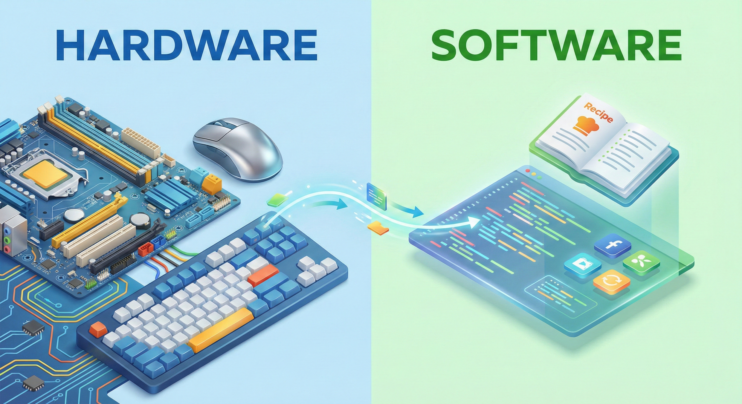 Ilustração isométrica 3D dividida ao meio. O lado esquerdo azul, intitulado 'HARDWARE', mostra peças físicas como placa-mãe, mouse e teclado. O lado direito verde, intitulado 'SOFTWARE', mostra códigos de programação, ícones de apps e um livro de receitas digital flutuando. Uma seta conecta os dois lados.