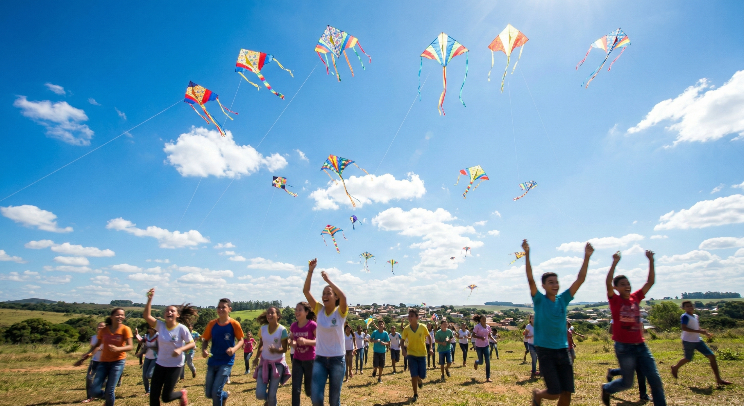 Vista inferior de várias pipas coloridas e bem construídas voando no céu azul com alunos alegres correndo embaixo.