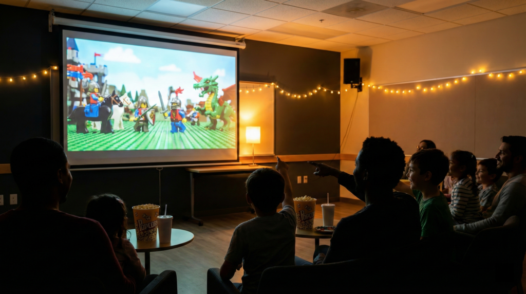 Sala de cinema escura com pessoas assistindo a um filme de LEGO em uma tela de projeção grande.