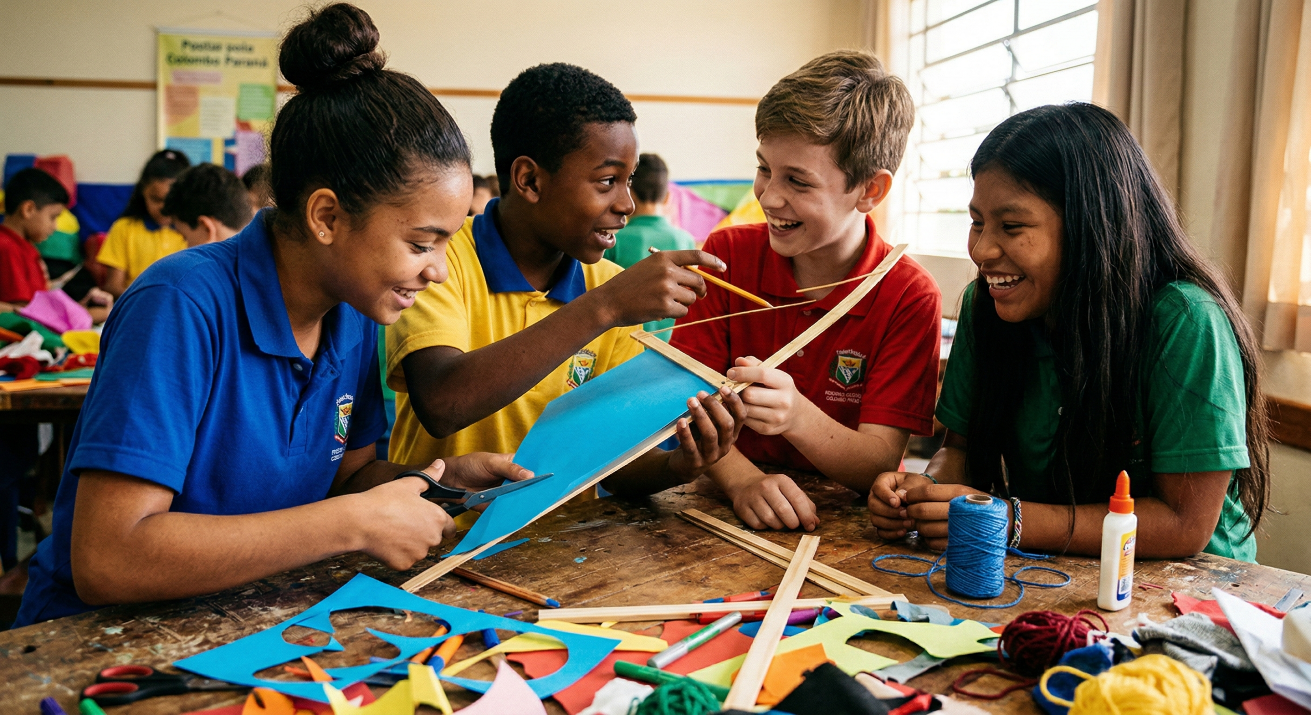 Close de quatro alunos diversos colaborando ativamente ao redor de uma mesa, construindo uma pipa.