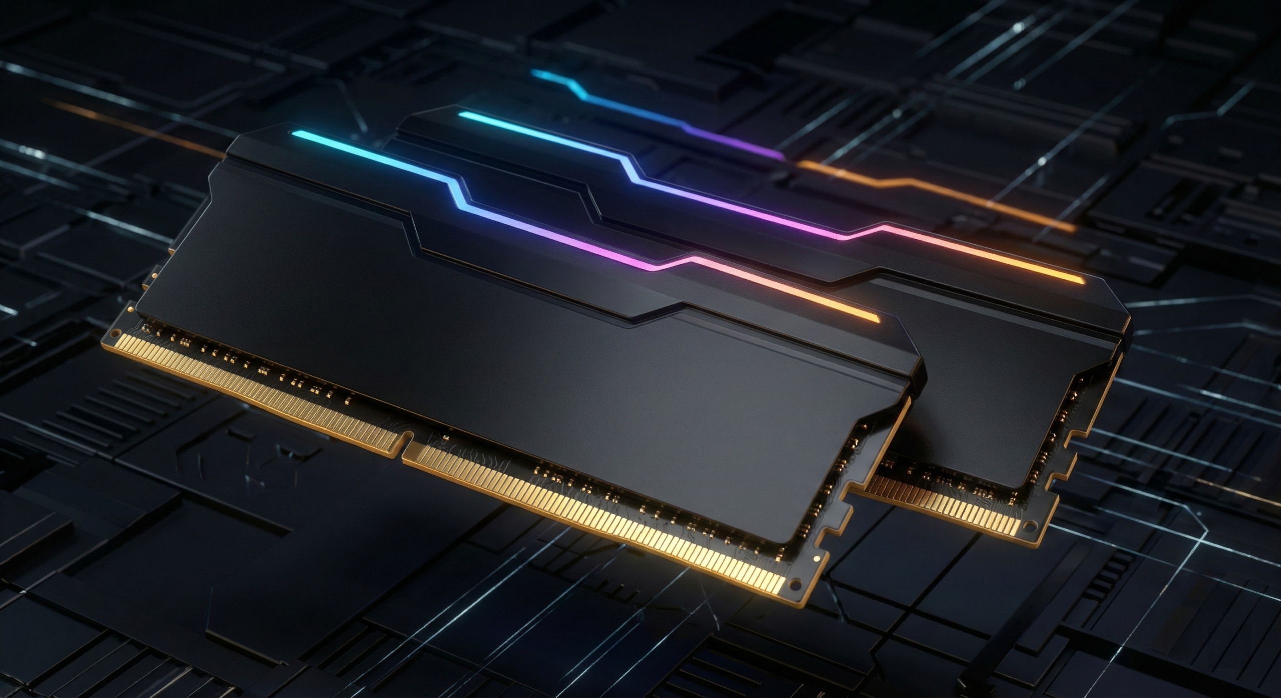 Close-up de dois pentes de memória RAM DDR5 pretos com iluminação LED sutil, flutuando sobre fundo tecnológico escuro.