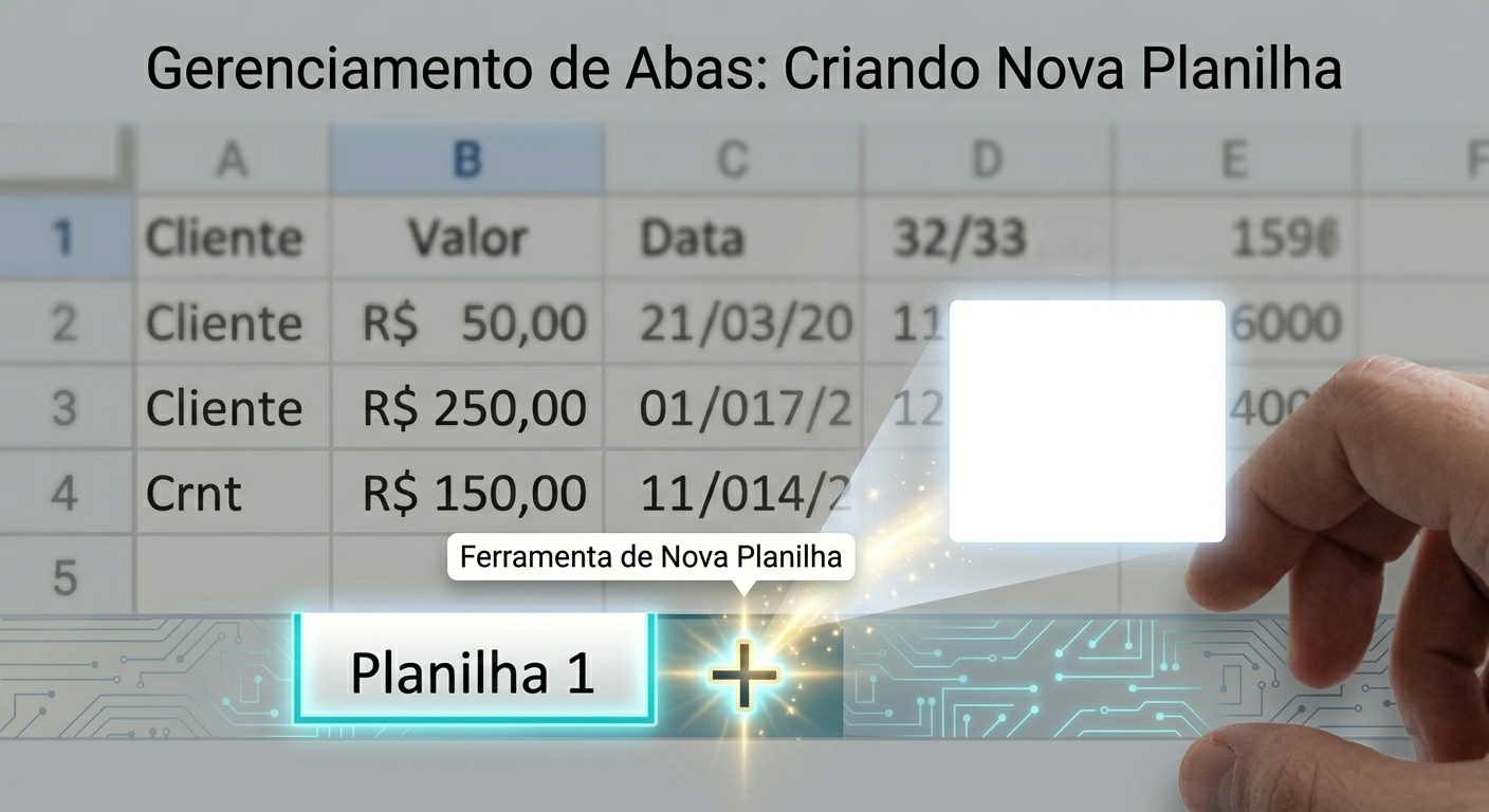 Destaque na margem inferior da planilha mostrando o ícone de (+) para criar novas páginas organizadas.