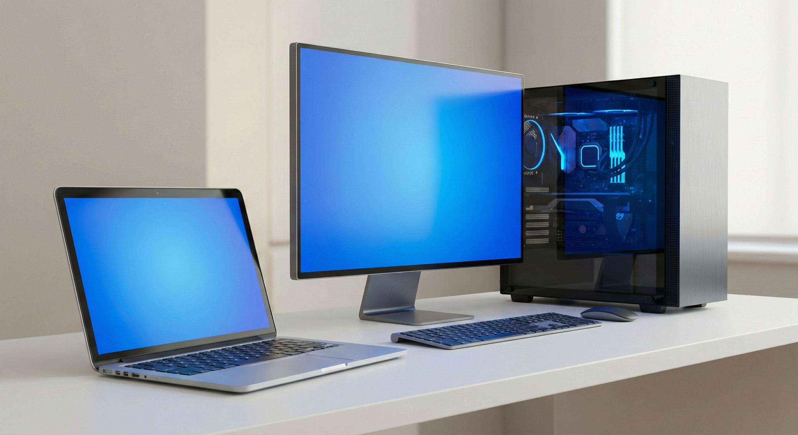 Comparativo em 3D de um computador desktop com gabinete e monitor ao lado de um notebook aberto sobre uma mesa branca.