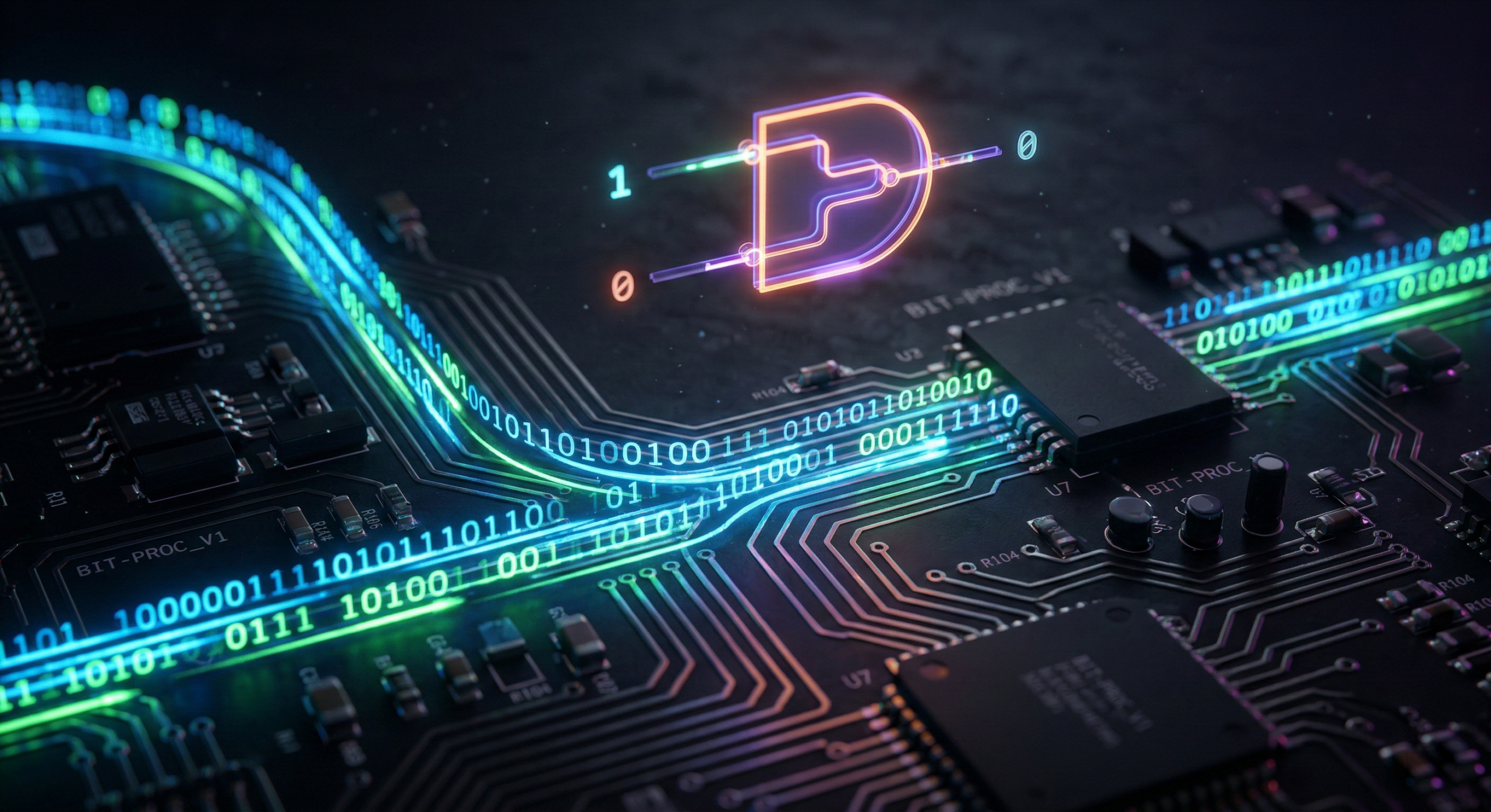 Fluxos de luz neon verde e azul em formato de zeros e uns percorrendo caminhos de cobre em uma placa de circuito preta e moderna.