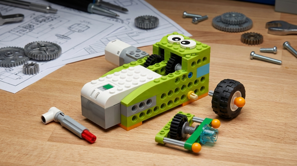 Robô Gearboy demonstrando suas partes modulares sobre uma bancada de engenharia limpa, com desenhos técnicos e componentes mecânicos desfocados ao fundo.