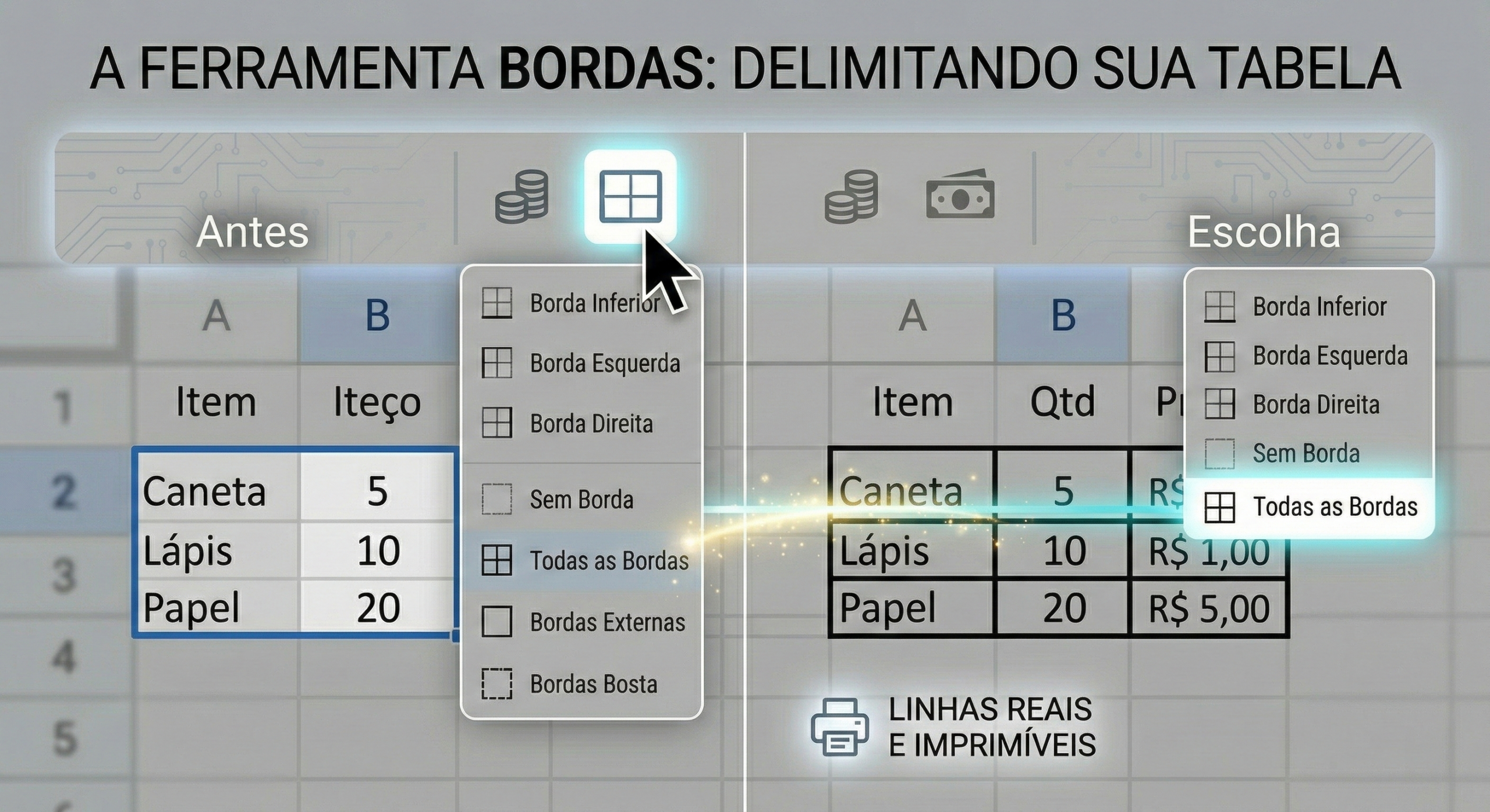Visualização técnica do ícone de bordas sendo clicado para transformar linhas de grade em uma tabela física nítida e imprimível.