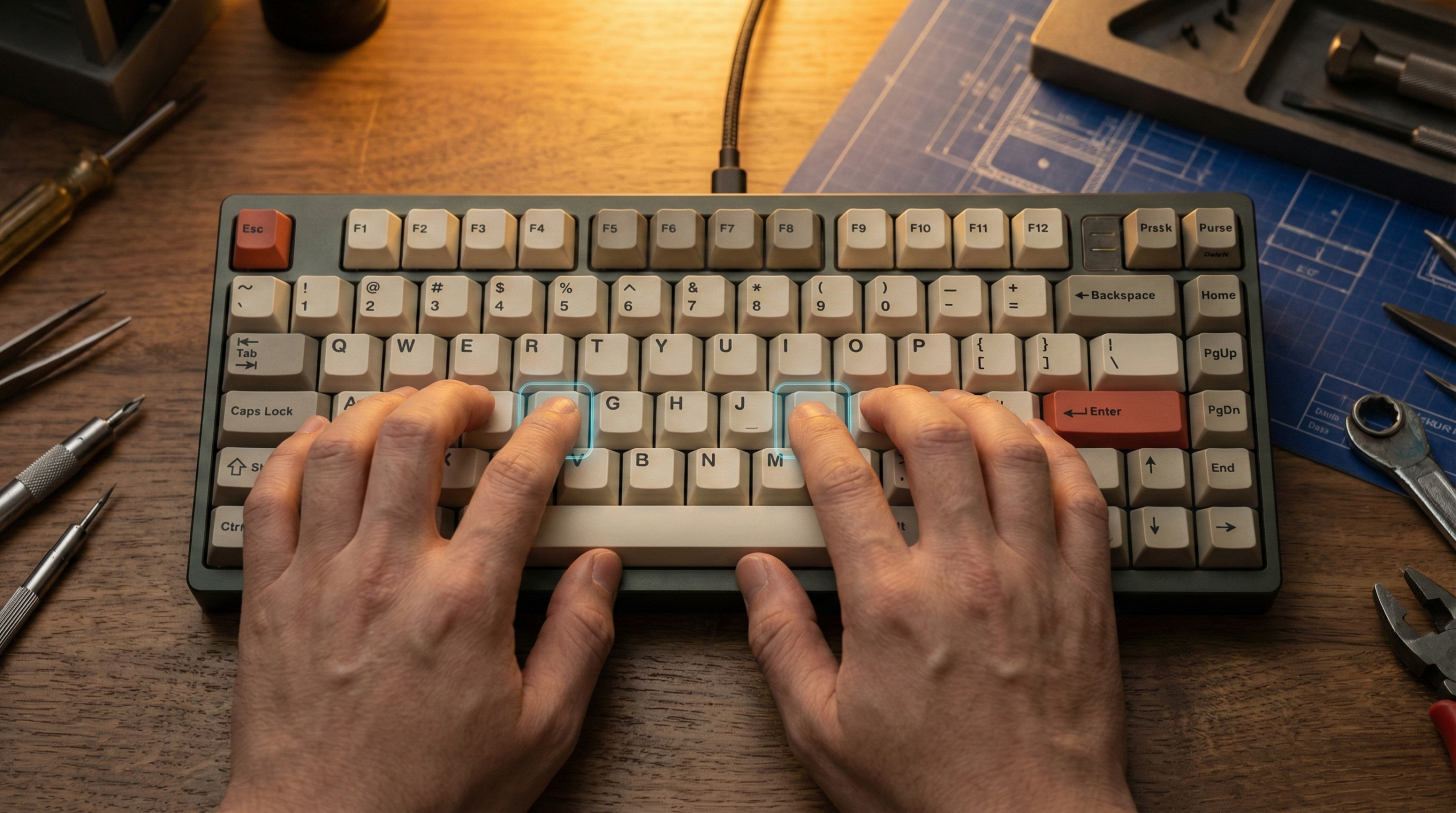 Visão superior de duas mãos posicionadas corretamente sobre um teclado mecânico, com os dedos indicadores repousando sobre as teclas F e J iluminadas.