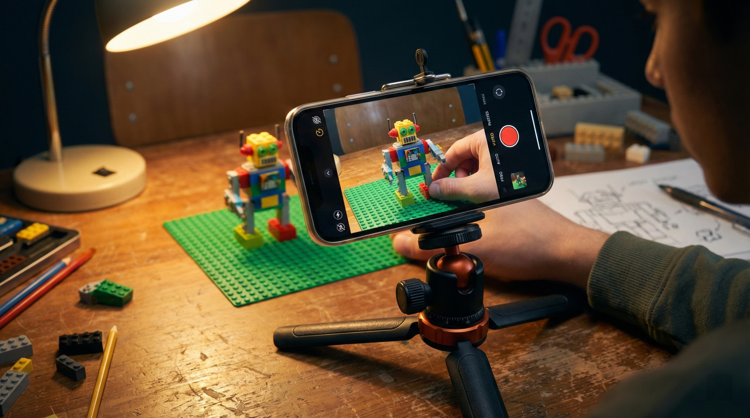 Smartphone em um pequeno tripé sobre uma mesa de madeira, gravando um quadro de stop motion enquanto uma mão move sutilmente um robô de LEGO.