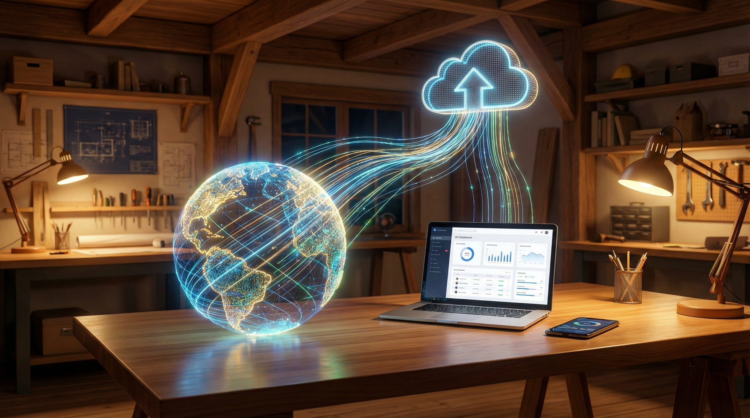 Globo terrestre feito de cabos de fibra óptica e luzes conectando um notebook a um ícone de nuvem.